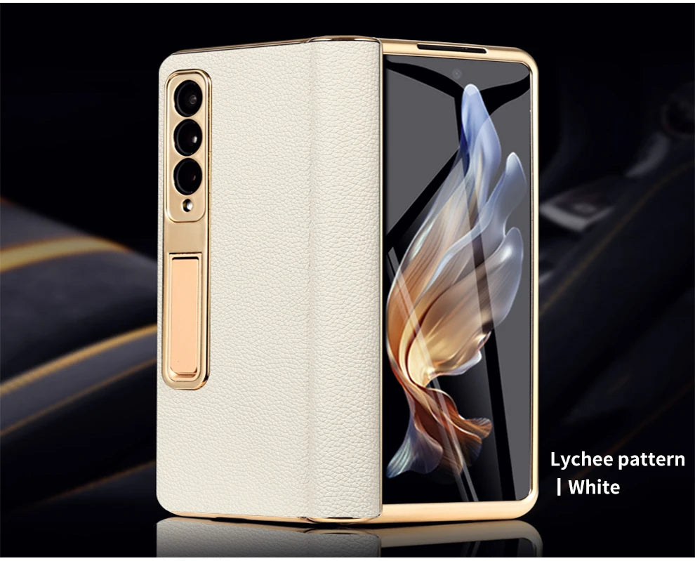 Luxury Leather Case for Galaxy Z Fold 6 5 4 3 Samsung ShockProof Stand Cover + Mirror Film