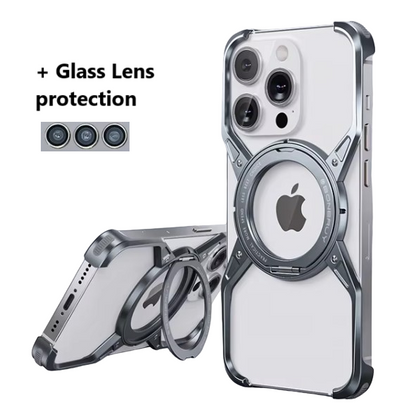 Aluminium Frameless Case For iPhone 13 14 15 16  Pro Max 360° Stand ShockProof