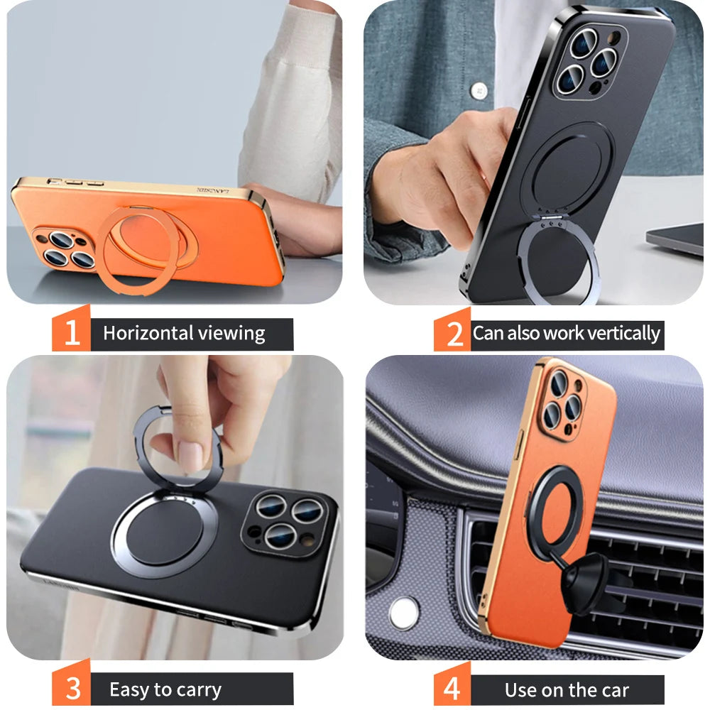 Genuine Leather Case for iPhone 12 13 14 15 16 Pro Max Plus with Kickstand Alloy