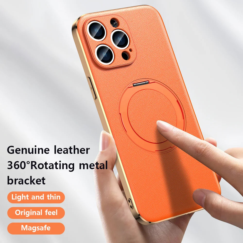 Genuine Leather Case for iPhone 12 13 14 15 16 Pro Max Plus with Kickstand Alloy