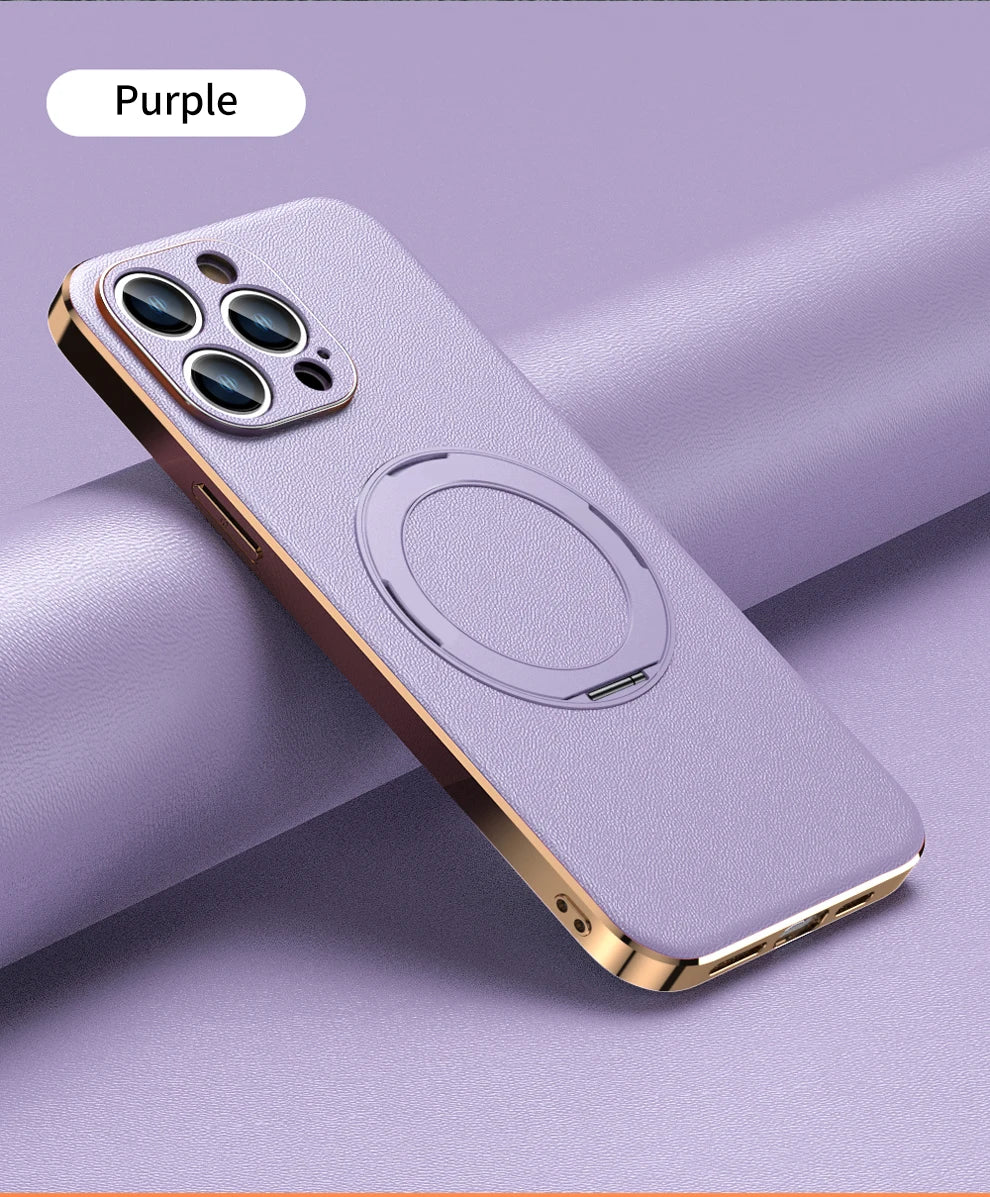 Genuine Leather Case for iPhone 12 13 14 15 16 Pro Max Plus with Kickstand Alloy