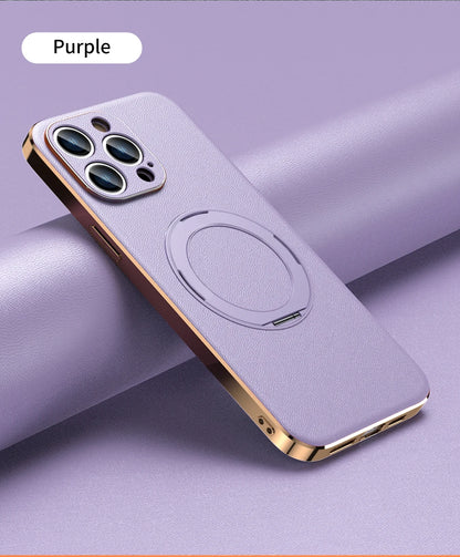 Genuine Leather Case for iPhone 12 13 14 15 16 Pro Max Plus with Kickstand Alloy
