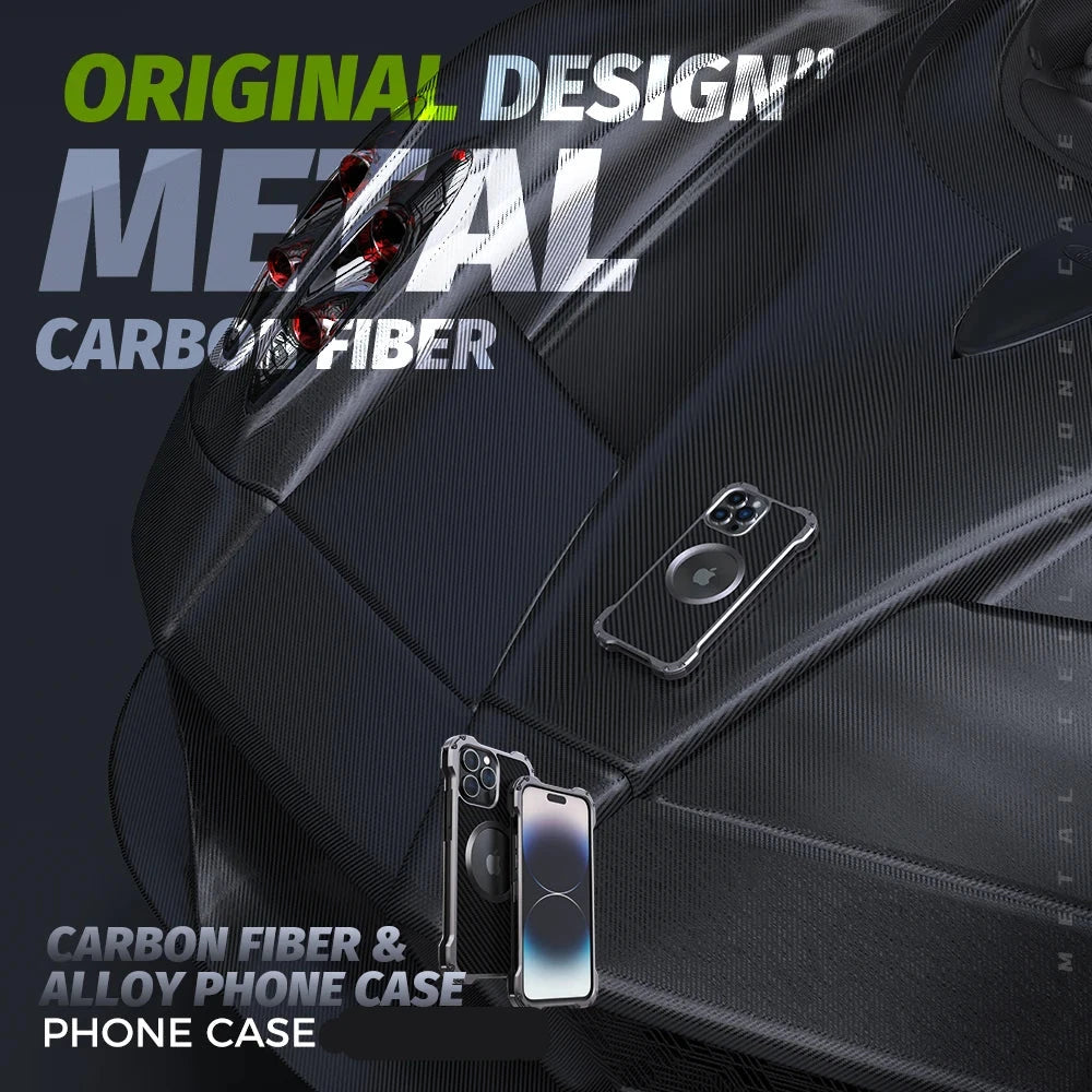Metal + Carbon Fiber Case For iPhone 16 15 14 13 12 Pro Max MagSafe + Bumper ShockProof