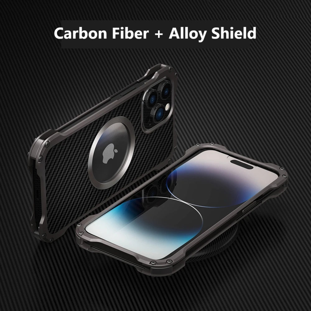 Metal + Carbon Fiber Case For iPhone 16 15 14 13 12 Pro Max MagSafe + Bumper ShockProof