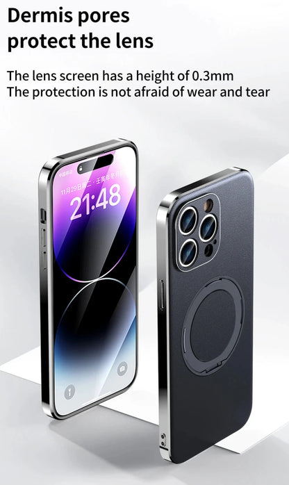 Genuine Leather Case for iPhone 12 13 14 15 16 Pro Max Plus with Kickstand Alloy