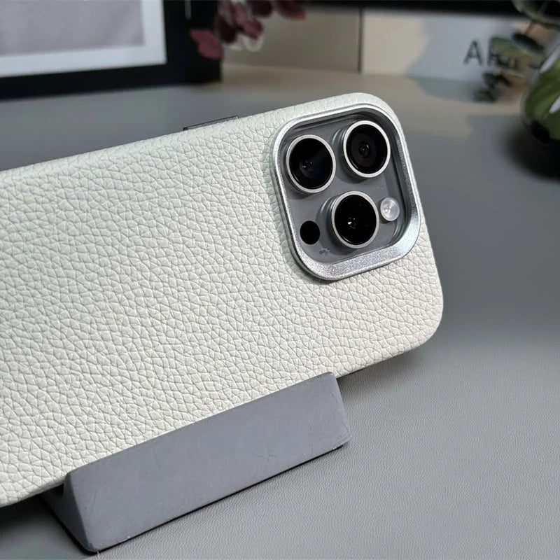 Luxury Leather Case For iPhone 13 14 15 16 Pro Max + Metal Ring + MagSafe