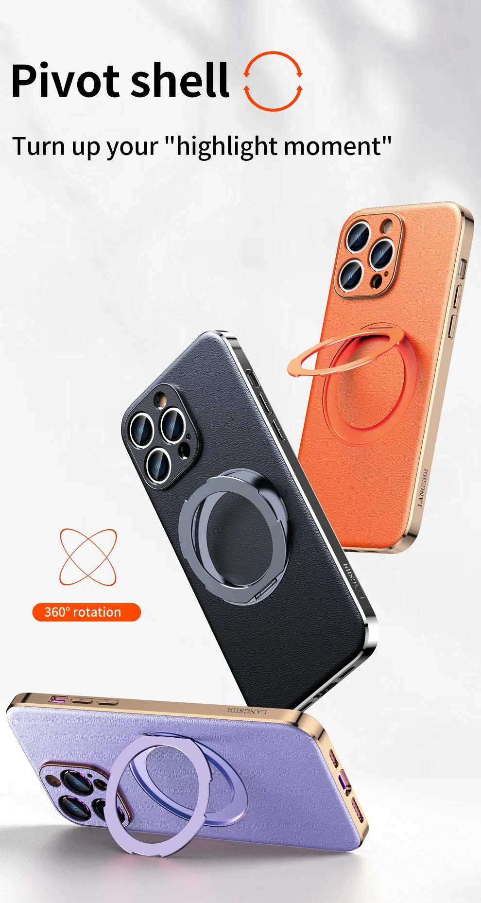 Genuine Leather Case for iPhone 12 13 14 15 16 Pro Max Plus with Kickstand Alloy