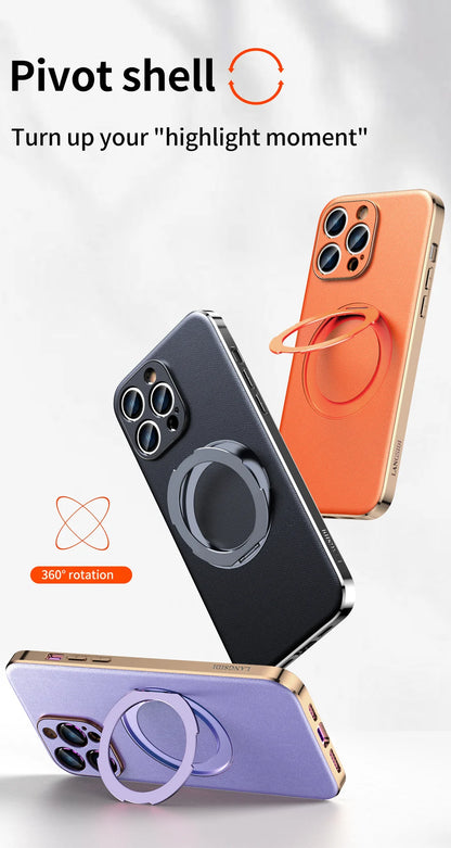 Genuine Leather Case for iPhone 12 13 14 15 16 Pro Max Plus with Kickstand Alloy