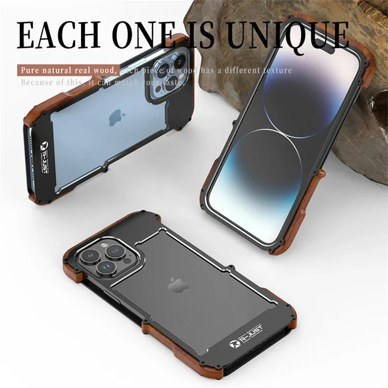 Aluminum + Wood Bumper Case for IPhone 14 15 16 Pro Max ShockProof Case Frame