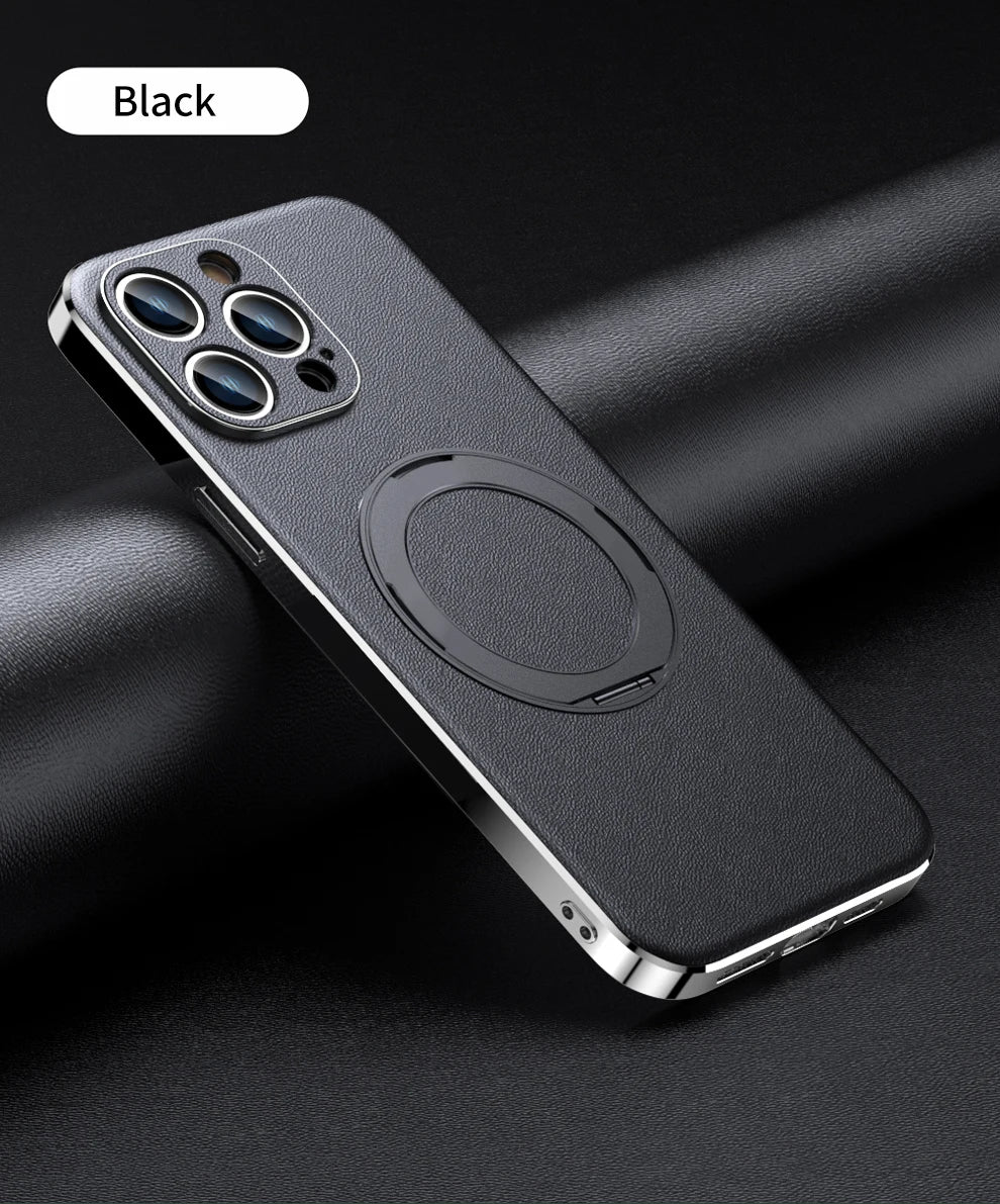 Genuine Leather Case for iPhone 12 13 14 15 16 Pro Max Plus with Kickstand Alloy