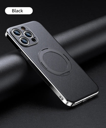 Genuine Leather Case for iPhone 12 13 14 15 16 Pro Max Plus with Kickstand Alloy