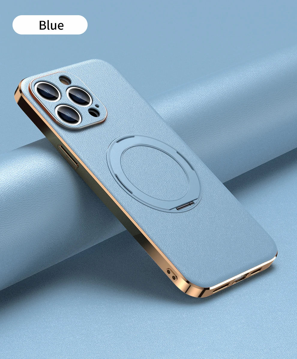 Genuine Leather Case for iPhone 12 13 14 15 16 Pro Max Plus with Kickstand Alloy