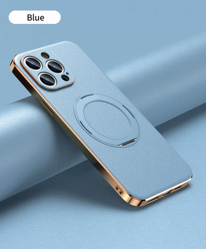 Genuine Leather Case for iPhone 12 13 14 15 16 Pro Max Plus with Kickstand Alloy