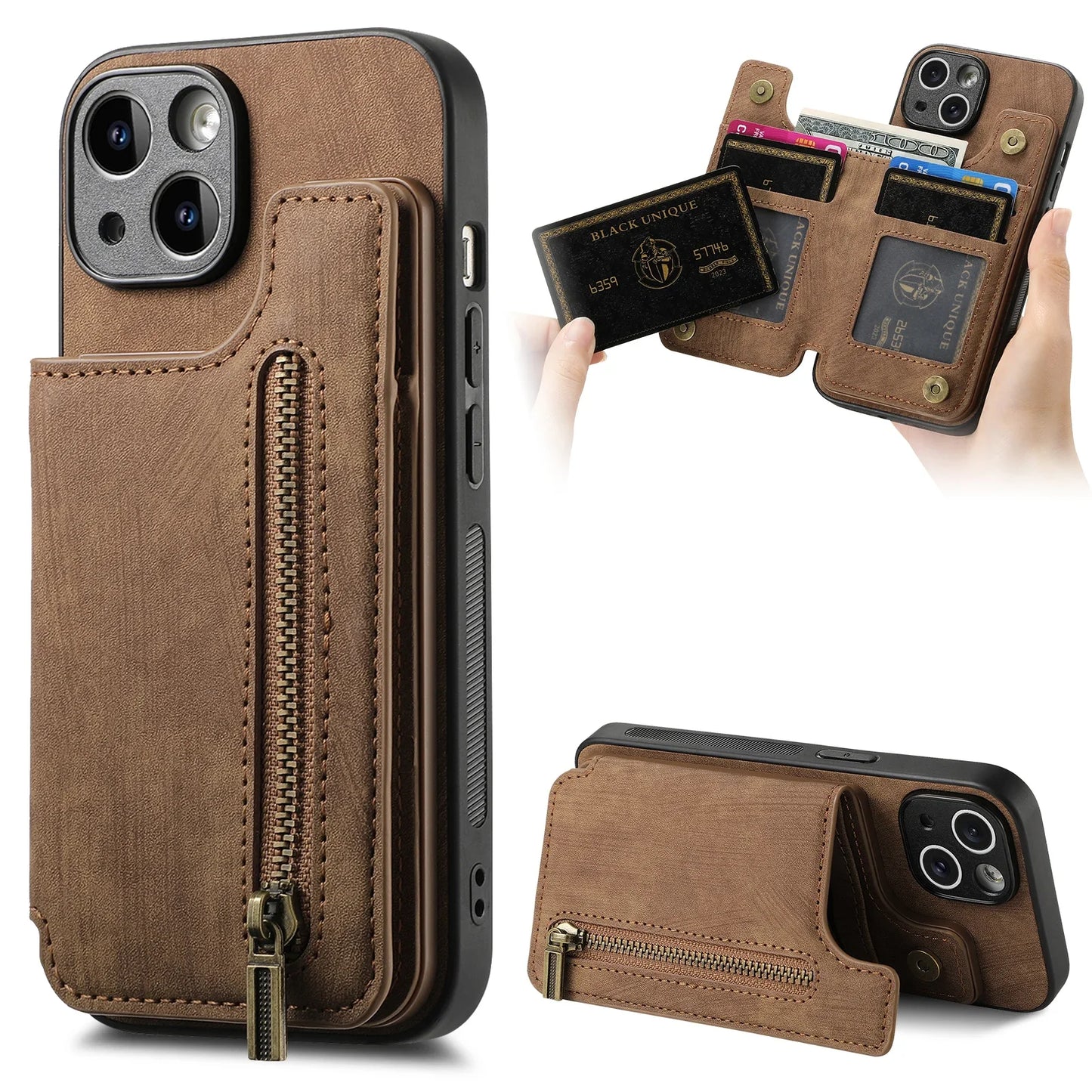 Wallet Leather Case For iPhone X to 16 Pro Max Plus Zipper Card