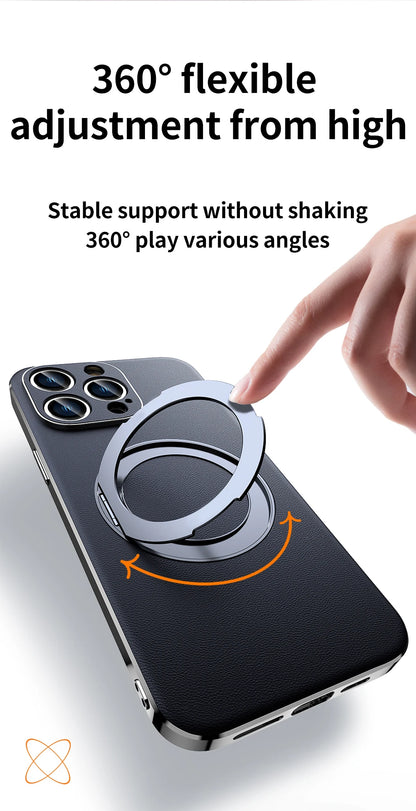 Genuine Leather Case for iPhone 12 13 14 15 16 Pro Max Plus with Kickstand Alloy