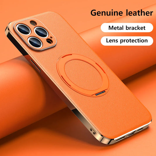 Genuine Leather Case for iPhone 12 13 14 15 16 Pro Max Plus with Kickstand Alloy