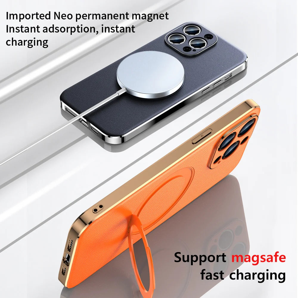 Genuine Leather Case for iPhone 12 13 14 15 16 Pro Max Plus with Kickstand Alloy