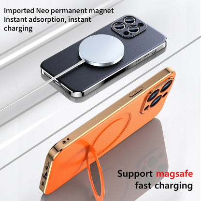 Genuine Leather Case for iPhone 12 13 14 15 16 Pro Max Plus with Kickstand Alloy