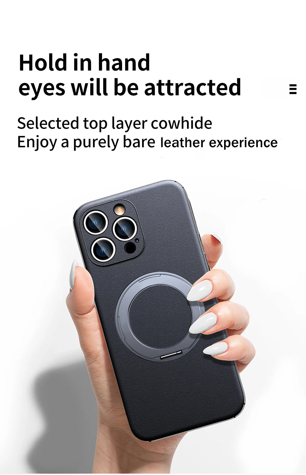 Genuine Leather Case for iPhone 12 13 14 15 16 Pro Max Plus with Kickstand Alloy
