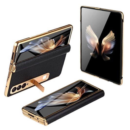 Luxury Leather Case for Galaxy Z Fold 6 5 4 3 Samsung ShockProof Stand Cover + Mirror Film