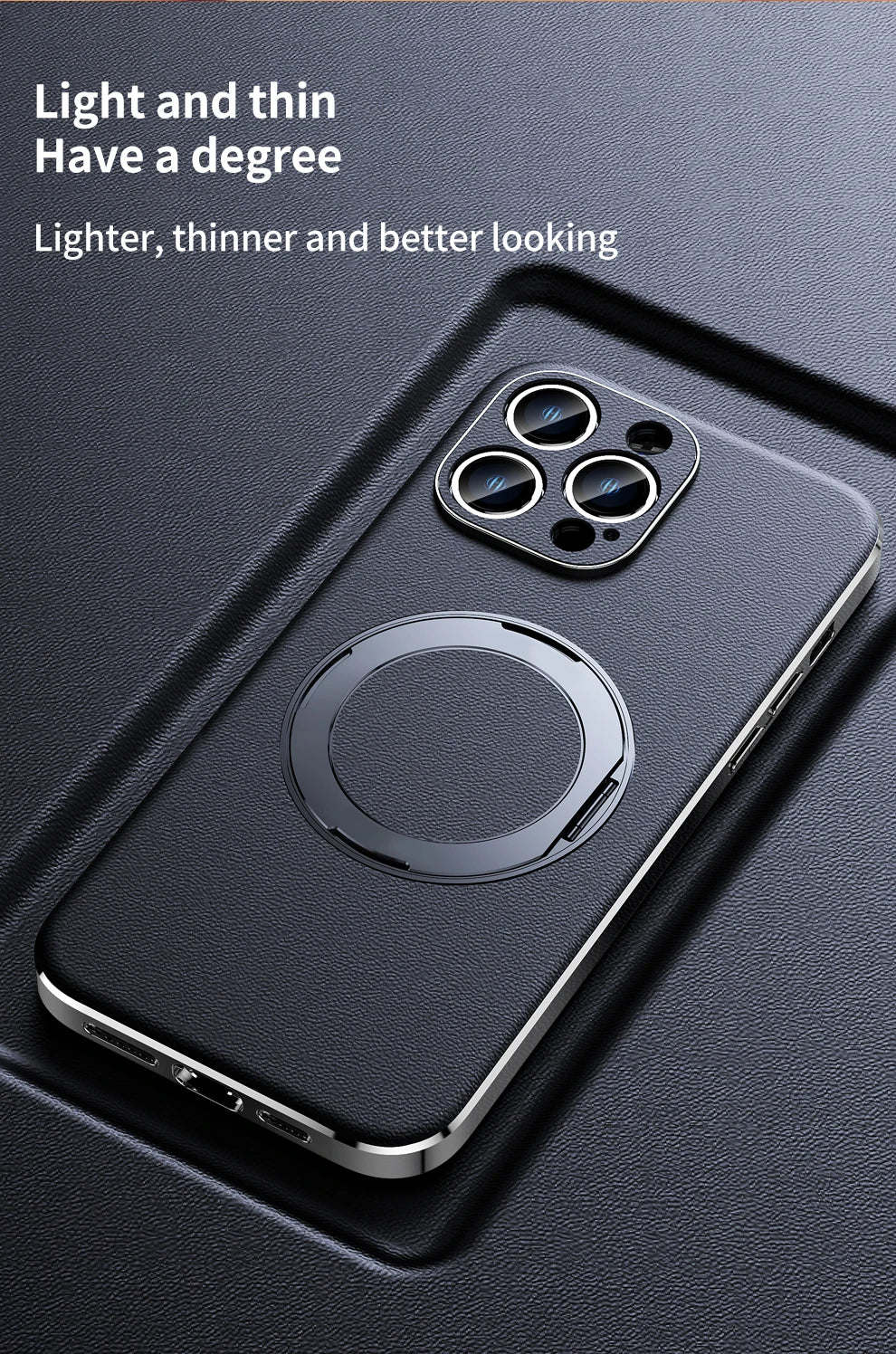 Genuine Leather Case for iPhone 12 13 14 15 16 Pro Max Plus with Kickstand Alloy