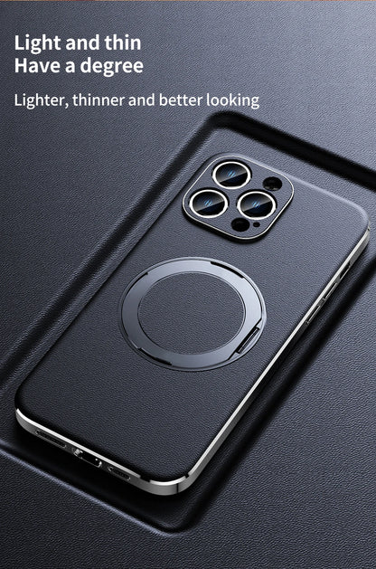 Genuine Leather Case for iPhone 12 13 14 15 16 Pro Max Plus with Kickstand Alloy