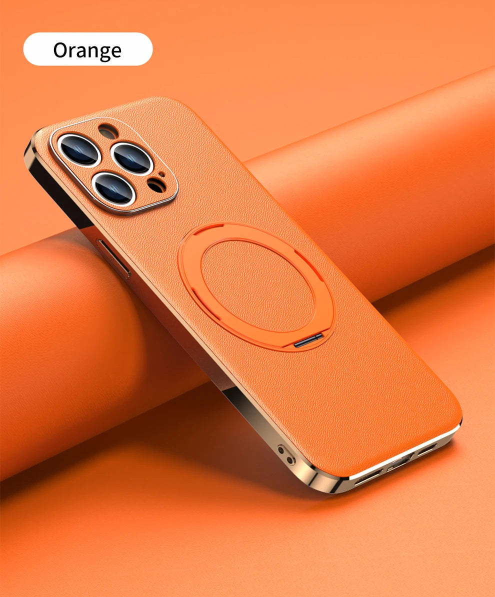 Genuine Leather Case for iPhone 12 13 14 15 16 Pro Max Plus with Kickstand Alloy