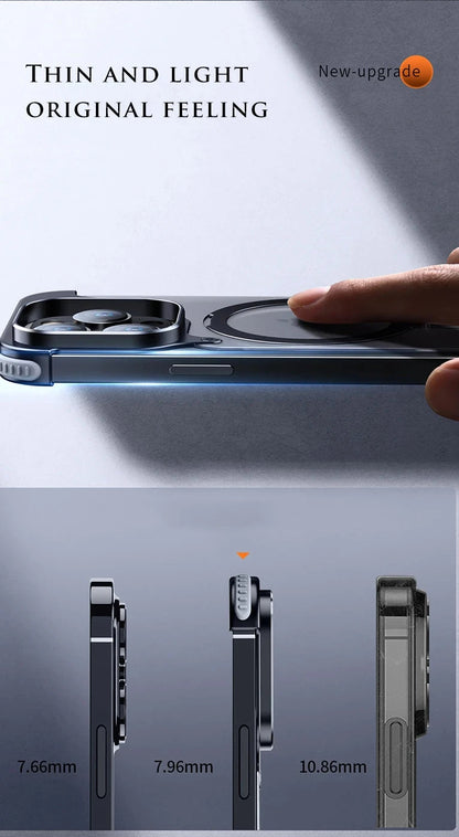 Aluminum Rimless Case for iPhone 13 14 15 16 Pro Max with Magnetic Stand