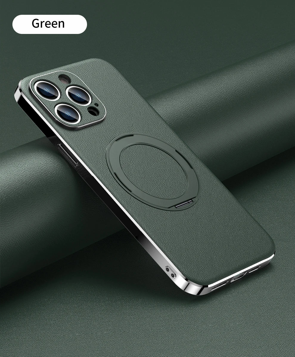 Genuine Leather Case for iPhone 12 13 14 15 16 Pro Max Plus with Kickstand Alloy