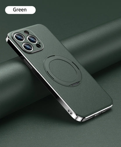 Genuine Leather Case for iPhone 12 13 14 15 16 Pro Max Plus with Kickstand Alloy