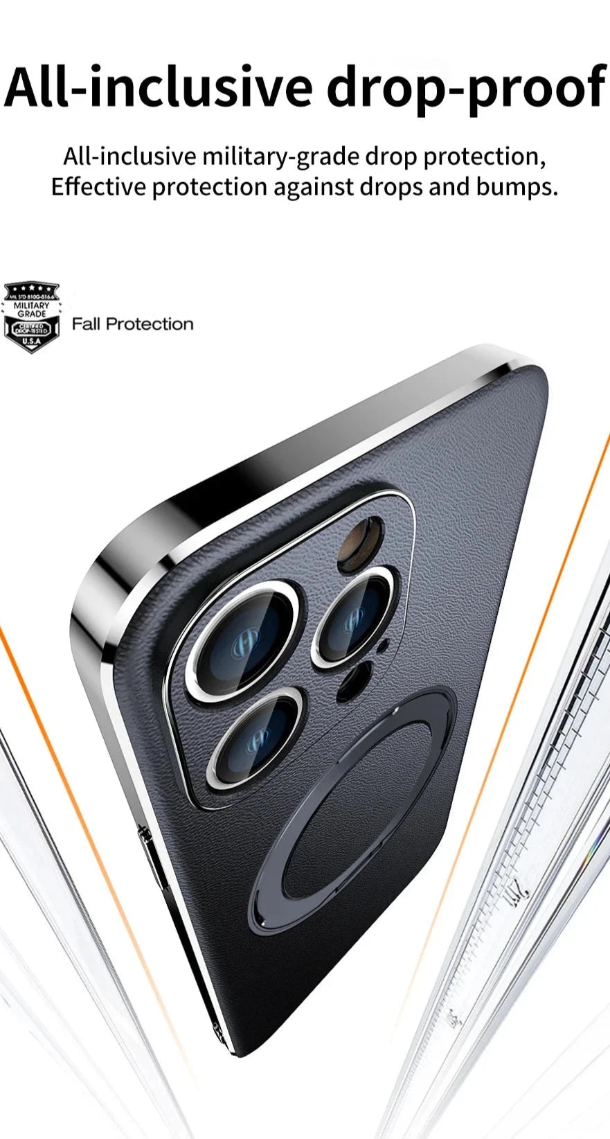 Genuine Leather Case for iPhone 12 13 14 15 16 Pro Max Plus with Kickstand Alloy