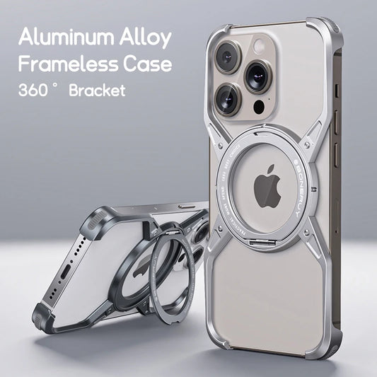 Aluminium Frameless Case For iPhone 13 14 15 16  Pro Max 360° Stand ShockProof