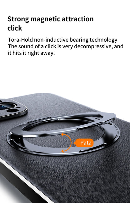 Genuine Leather Case for iPhone 12 13 14 15 16 Pro Max Plus with Kickstand Alloy