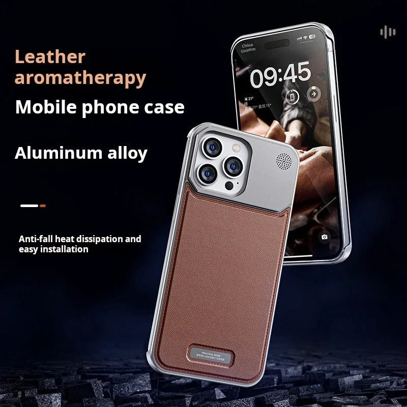 Aluminium + Leather Case for iPhone 13 14 15 16 Pro Max Plus Aromatherapy Built In