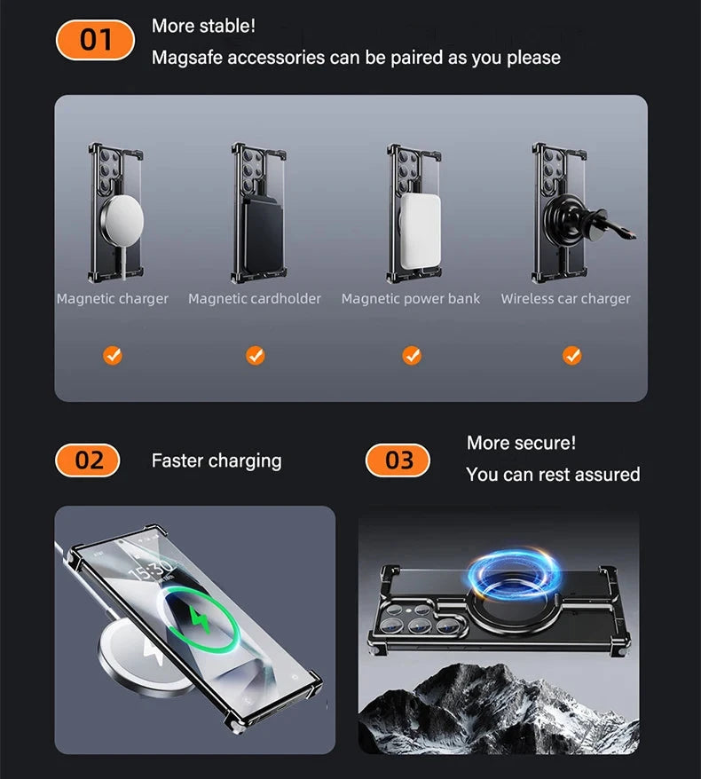 Frameless Aluminum Case for Galaxy S23 S24 Ultra Plus Shockproof Samgung MagSafe
