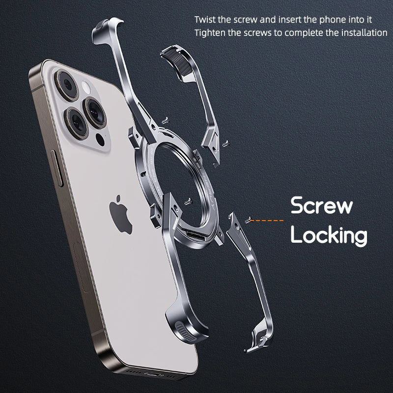 Aluminium Frameless Case For iPhone 13 14 15 16  Pro Max 360° Stand ShockProof