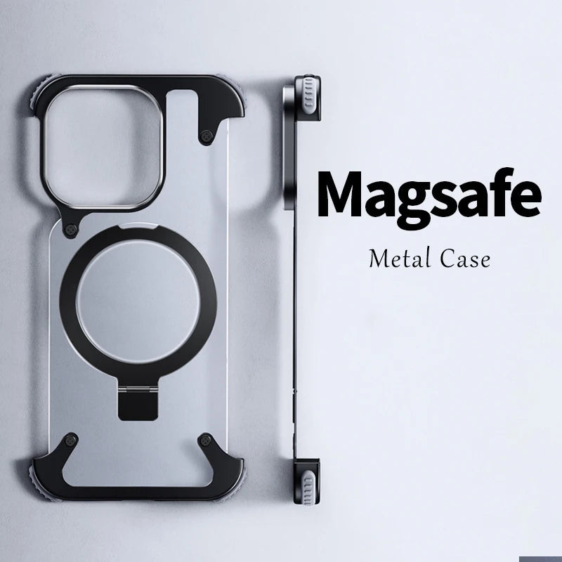 Aluminum Rimless Case for iPhone 13 14 15 16 Pro Max with Magnetic Stand