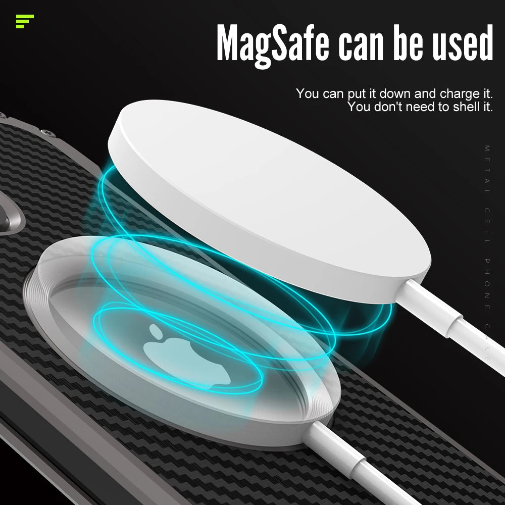 Metal + Carbon Fiber Case For iPhone 16 15 14 13 12 Pro Max MagSafe + Bumper ShockProof